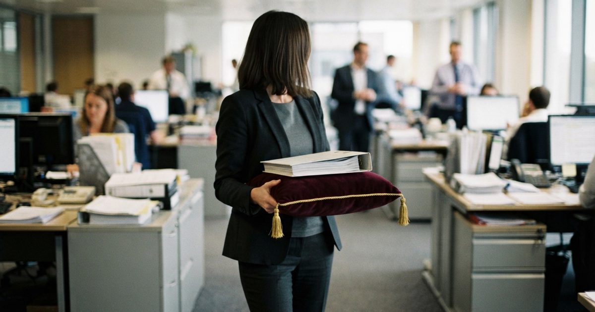 A documentary-style news photograph inside a modern British regulatory office, showing an anonymous staff member’s hands carrying a thick paper file on a small.