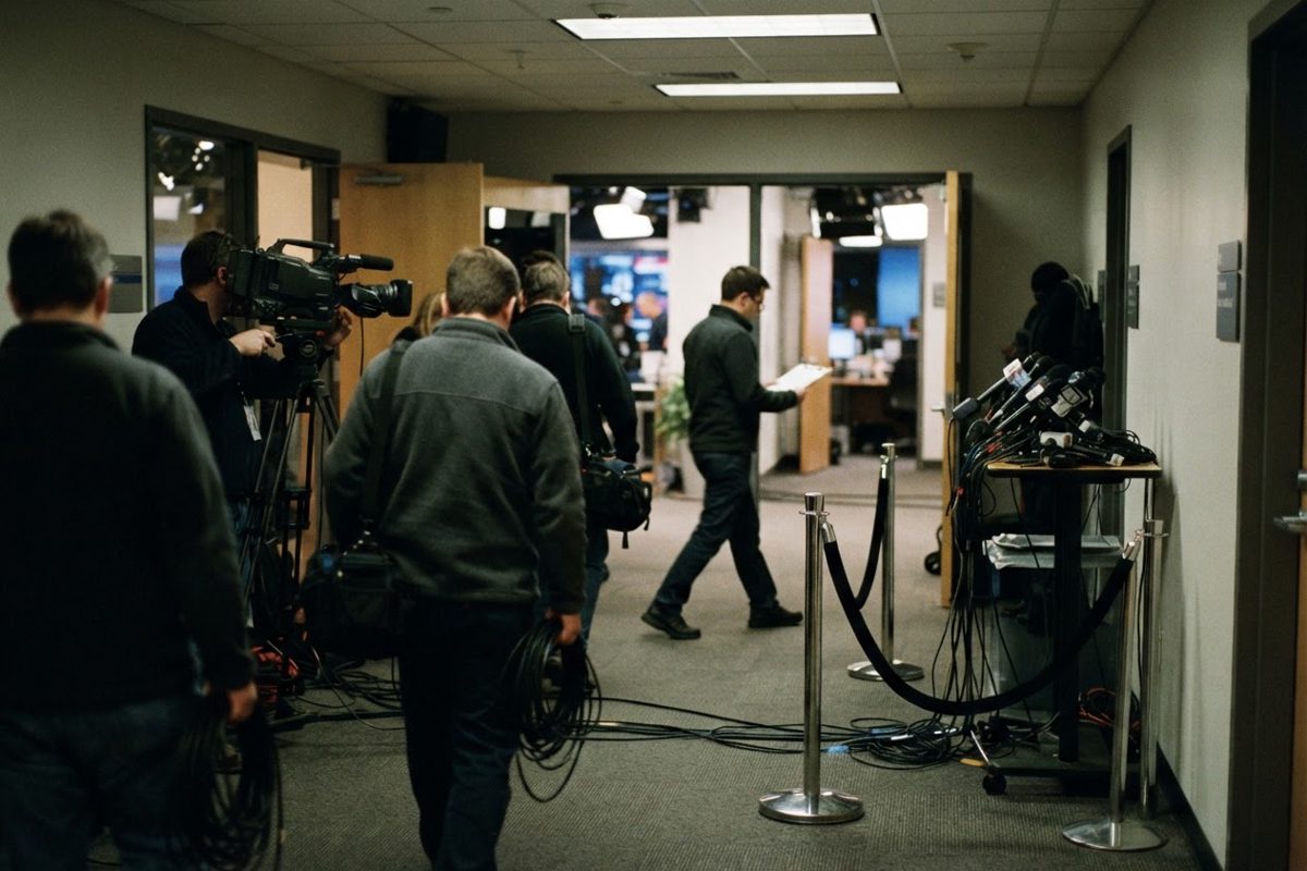A press-area corridor outside a television studio with an empty rope barrier, television cameras, microphones and anonymous production staff seen from behind.