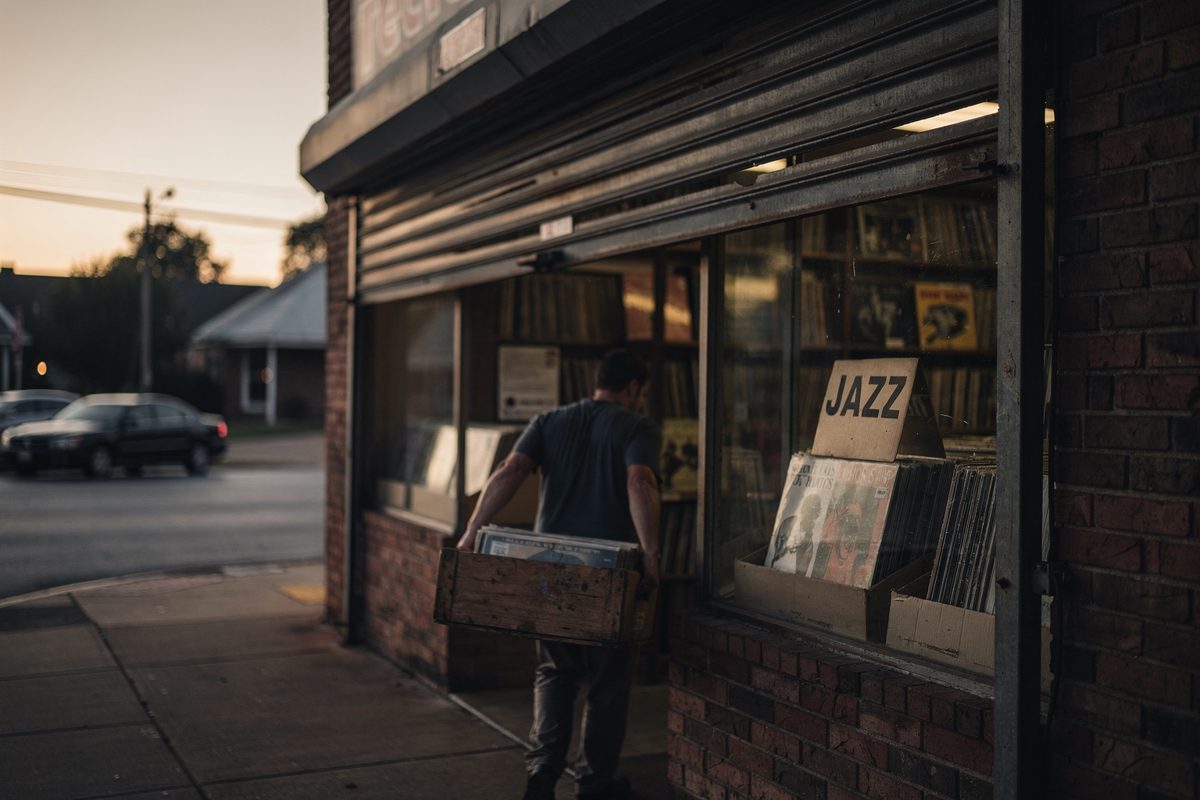 Wide shot at first light of a brick record shop on a quiet Jackson, Mississippi street, the metal shutter half raised and a shop worker seen from behind.