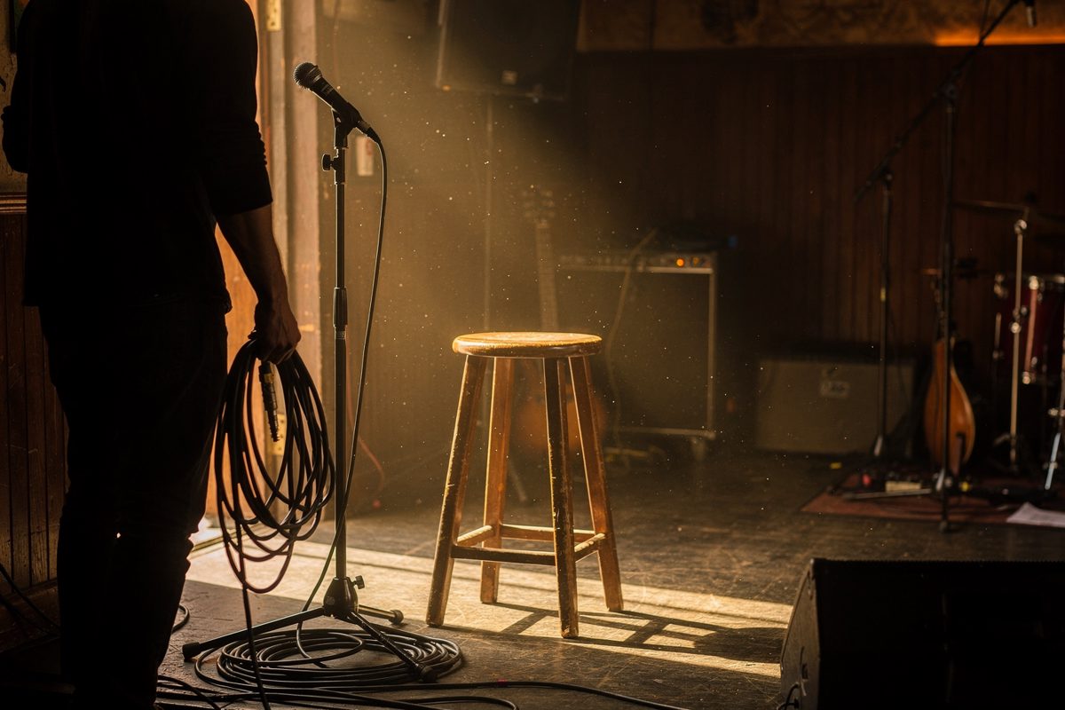 Low golden afternoon light through the side door of a small wood-panelled music club, a sound technician framed from the shoulders down coiling a black cable.
