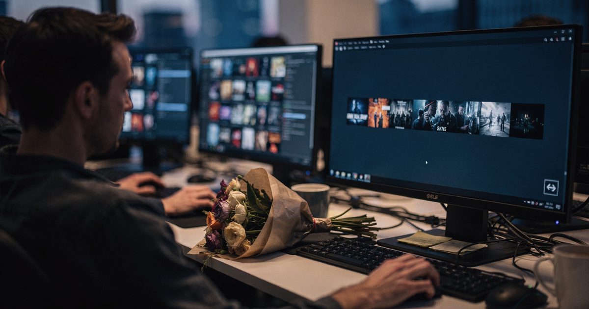 Inside a tech company's open-plan office at dusk, part-cropped engineers hunch over monitors glowing with blurred grids of streaming thumbnails while a wilting.