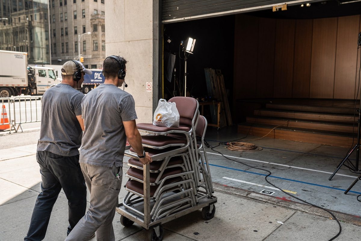 Wide shot in bright mid-morning sun on a Midtown sidewalk beside a soundstage loading dock, two crew members seen from behind guiding a cart of folding chairs.