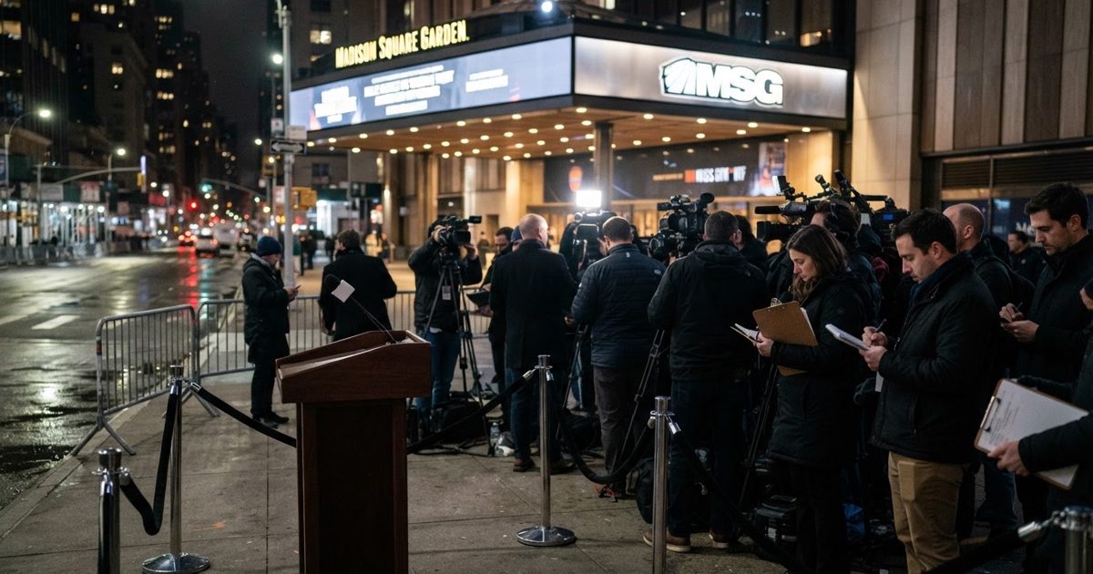 Nighttime news photograph outside Madison Square Garden, with an empty press podium, velvet ropes, camera crews and reporters waiting under bright arena.
