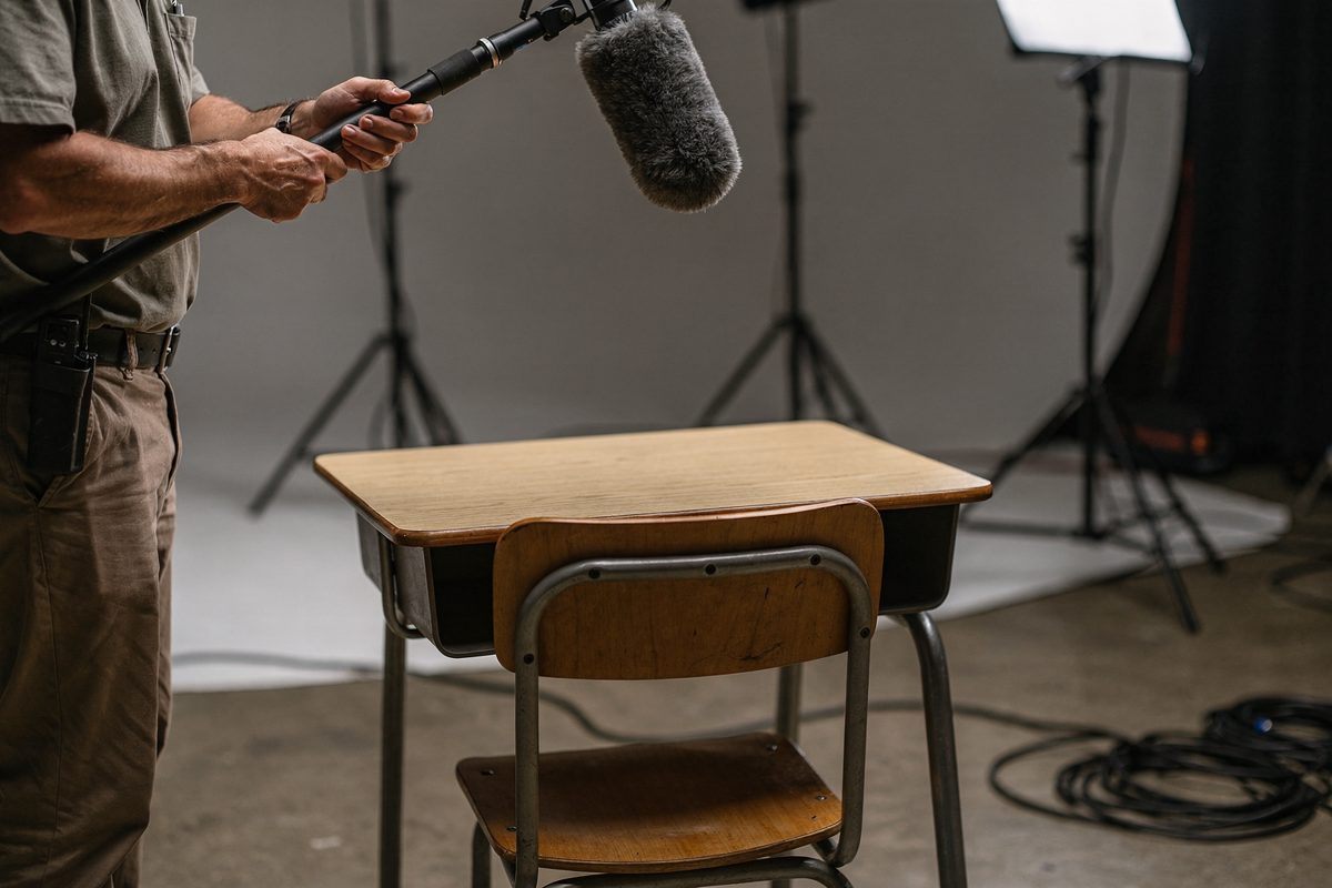 Harsh studio lighting on a pristine soundstage where a microphone operator cropped above the waist dangles a fuzzy boom pole over a completely empty wooden.