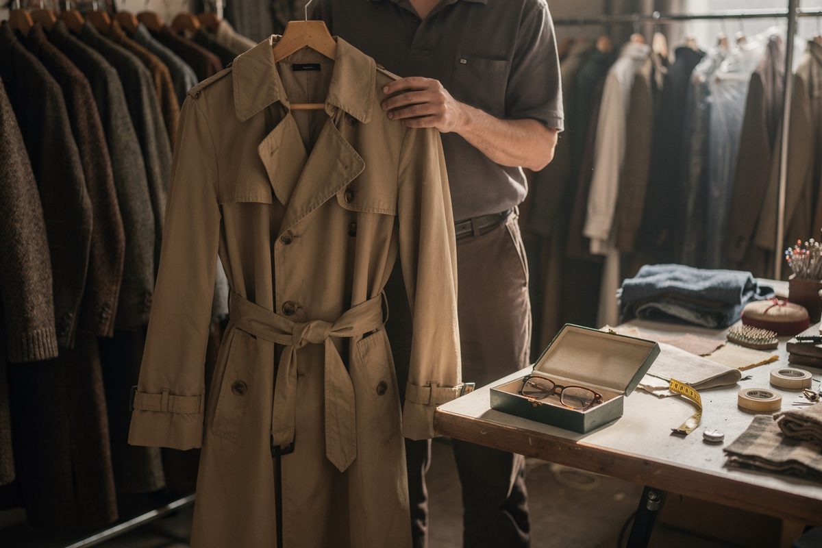 Medium shot in soft mid-morning window light inside a costume workroom, a wardrobe assistant framed from the waist down holding a heavy belted trench coat on a.