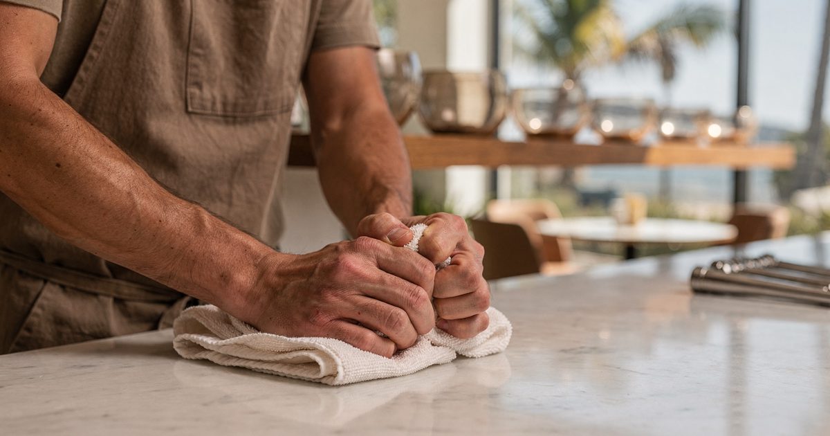 A close-up of a barista's hands anxiously wringing a damp towel on the marble counter of a high-end California coffee shop in bright morning sunlight, with a.