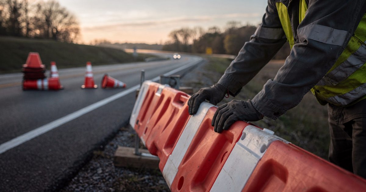 Close-up of a work crew's gloved hands setting a plastic barricade across a rural two-lane highway shoulder at sunrise, a stack of traffic cones leaning.