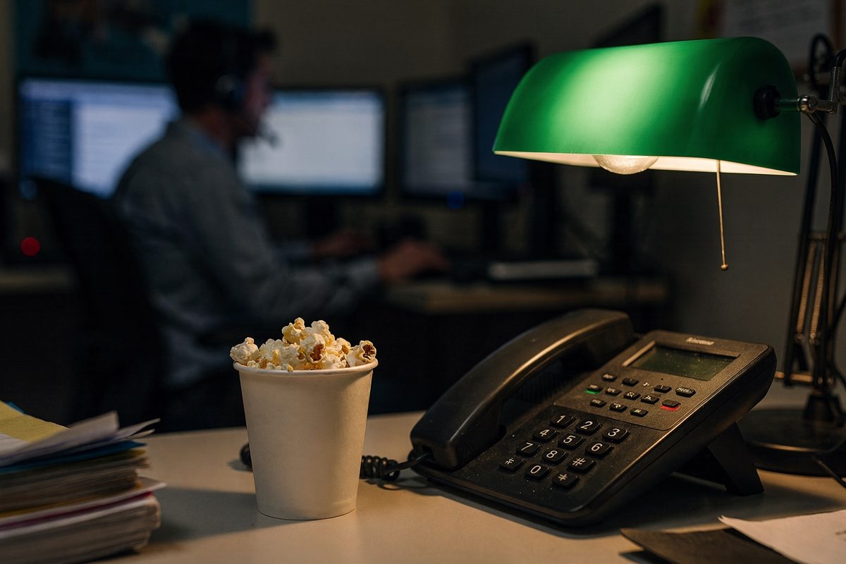 Close detail of a ringing desk phone and a paper cup of popcorn under a green lamp in a cramped after-hours call room, a blurred headset-wearing colleague.