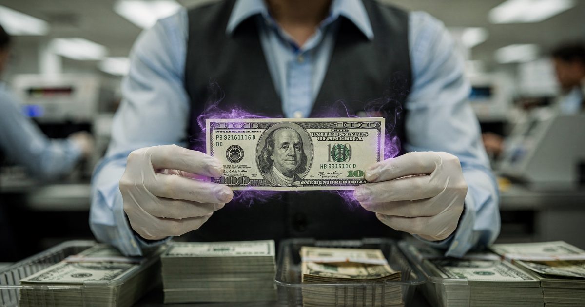 Close detail under the harsh fluorescent lights of a bank sorting room, a teller's gloved hands holding up a crisp hundred-dollar bill that emits a faint.