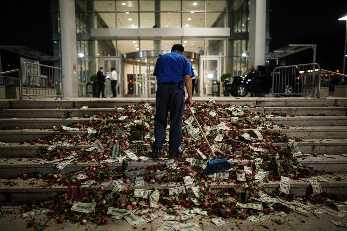 Medium shot at midnight outside a heavily guarded corporate office tower, a janitor seen from behind in a blue uniform sweeping a massive pile of dead rose.