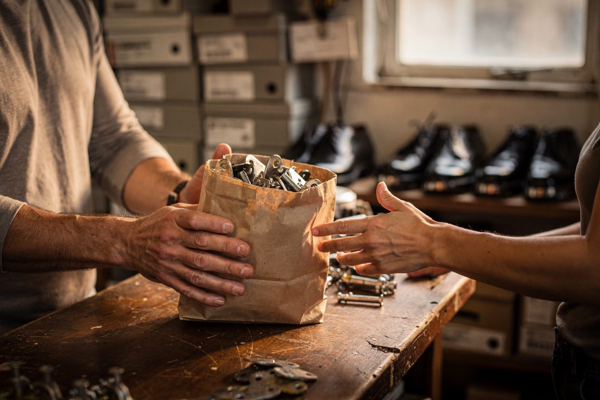 Mid-shot in soft late-afternoon window light at the counter of a small dance-supply shop, a clerk's hands cropped at the forearm sliding a paper bag stuffed.