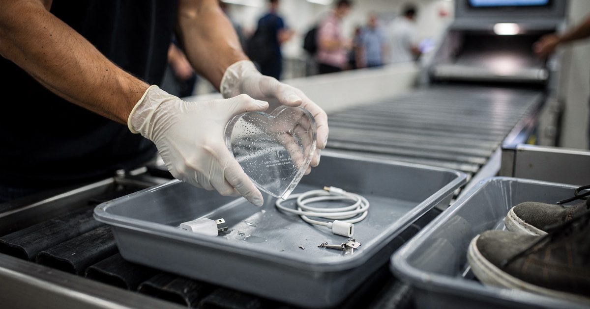 Close-up under harsh checkpoint fluorescents of gloved hands lifting a heart-shaped crystal award out of a grey plastic security tray on a moving conveyor.