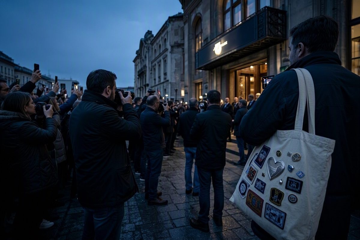 Wide dusk shot outside a festival cinema, a dense crowd and a row of photographers seen from behind raising cameras toward the entrance, a canvas tote bag.