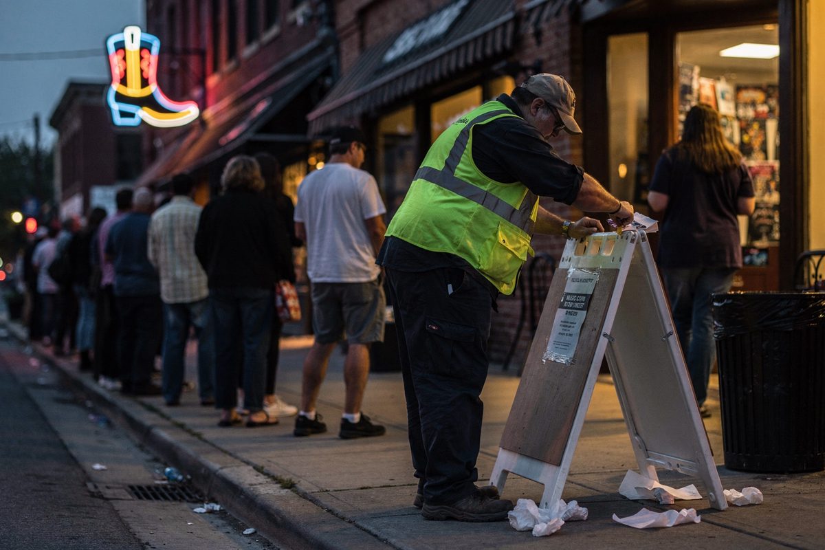 Wide dusk view of a Music Row sidewalk as a worker in a reflective vest tapes a small paper booklet to a sandwich board, passersby cropped at the shoulders.