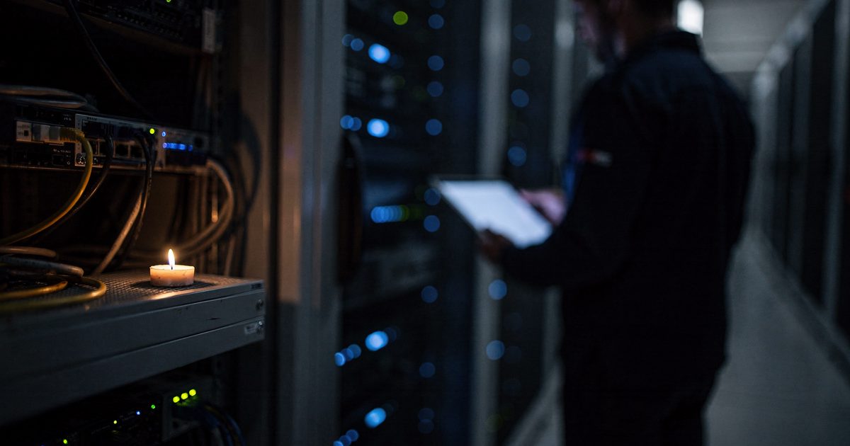 A dim data centre aisle at night lit by rows of cold blue server LEDs, a technician shot from behind pausing mid-stride with a glowing tablet in one hand and a.