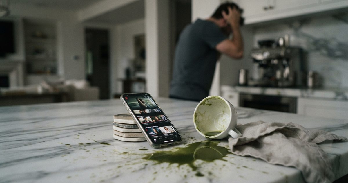 A dramatic, low-angle shot of a glowing smartphone screen displaying a streaming service interface, surrounded by a spilled cup of expensive matcha latte on a.