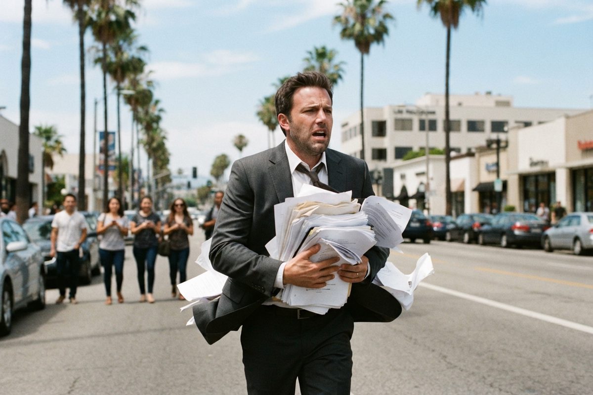 A sharply dressed, panicked Hollywood executive sprinting down a sunny, palm-tree-lined Los Angeles boulevard, desperately clutching a stack of messy.