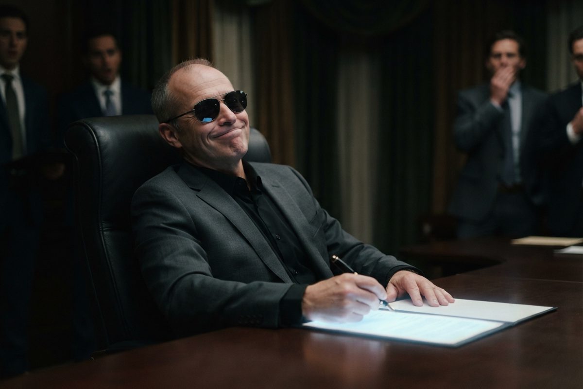A shadowy, dramatically lit boardroom with a single executive wearing dark designer sunglasses indoors, leaning back in a leather chair with a smug.