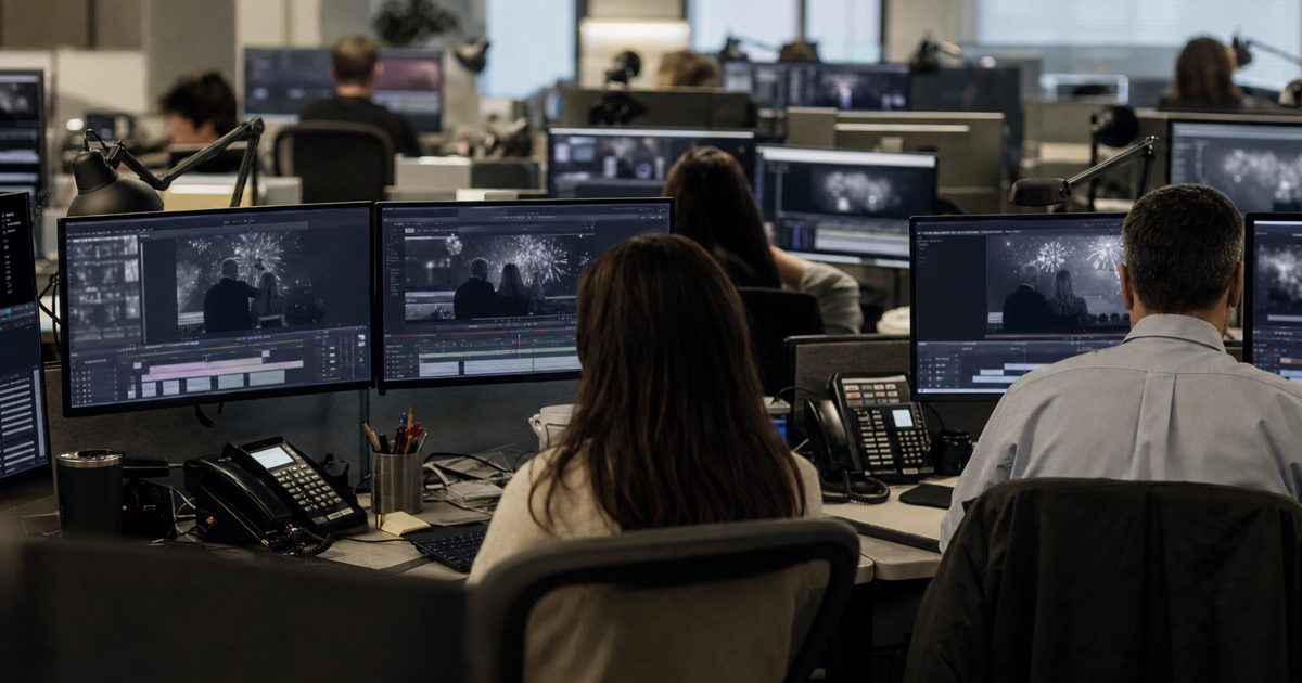 A news-style photograph of an anonymous government social media workspace, with staff seen from behind studying muted video-editing timelines on multiple.
