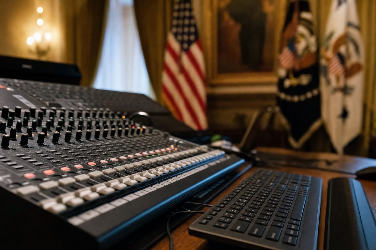 A close news photograph of an audio mixing console and computer keyboard in a formal government communications room, with blurred flags and office lighting in.