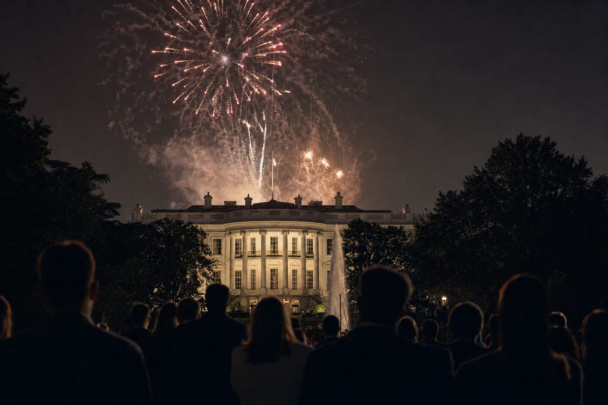 A nighttime press photograph of fireworks above a government building, with an anonymous crowd shown only in silhouette from behind, no recognisable.
