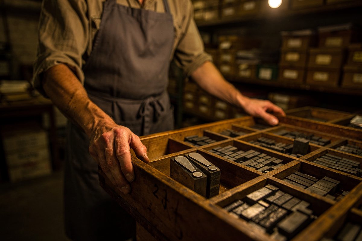 Mid-shot in a basement print archive under a single warm tungsten bulb, a figure seen from the waist down in a grey apron sliding open a shallow wooden.