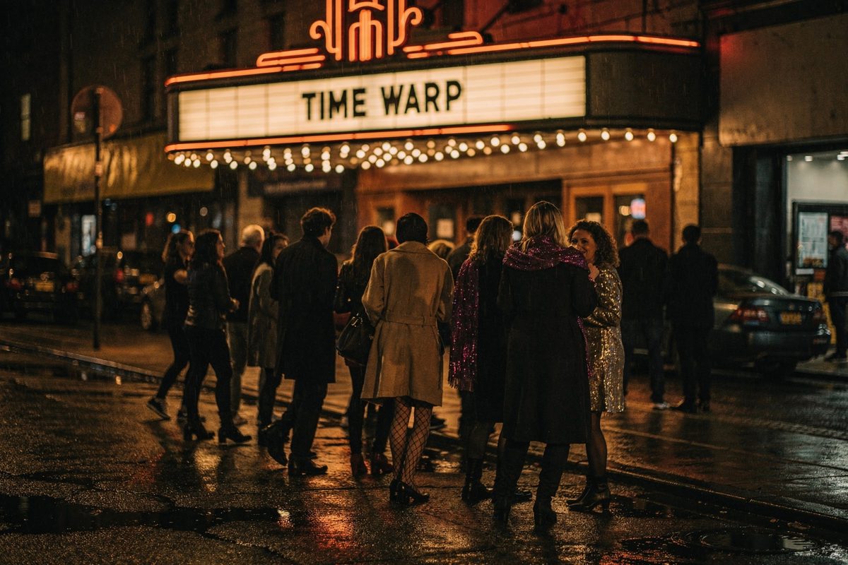 Wide four-in-the-morning street view of an independent cinema whose marquee reads "TIME WARP", a queue of people cropped at the shoulders waiting beneath it.