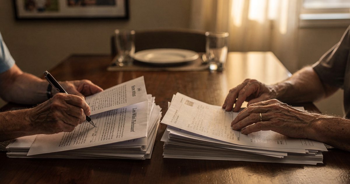 Late afternoon light across a suburban dining table where two pairs of older hands sort a stack of stapled estate documents, one place setting still laid and.