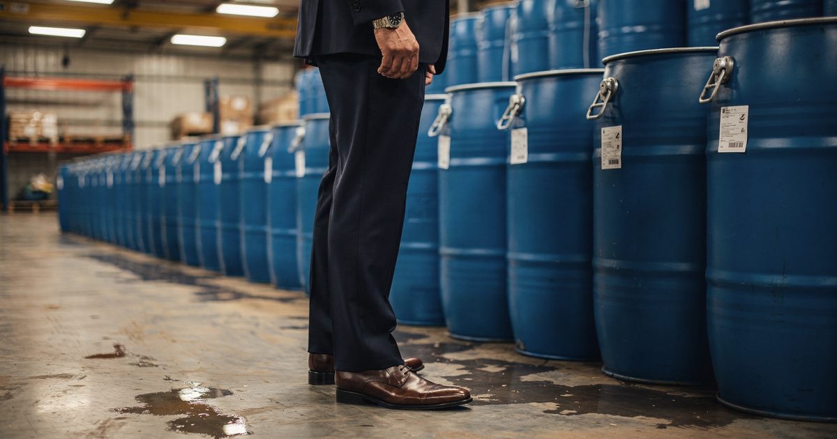 Low-angle shot under stark industrial fluorescents in a suburban warehouse, a wealth manager seen from the waist down in a tailored navy suit standing beside a.