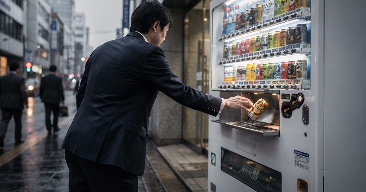 Mid-shot from behind on a pale early-morning Tokyo sidewalk outside a brokerage, a commuter in a dark suit shaking a drinks vending machine while a single.