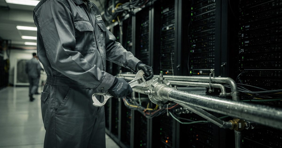 Under harsh fluorescent lights in a cavernous suburban data center, a technician in a grey jumpsuit cropped below the shoulders uses a wrench to tighten a.