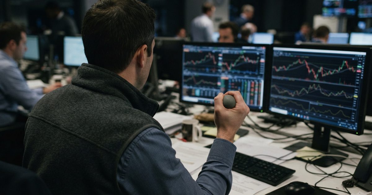Over-the-shoulder view in a dimly lit corporate trading floor focusing on a glowing dual-monitor setup displaying rapid-fire line graphs, with an.