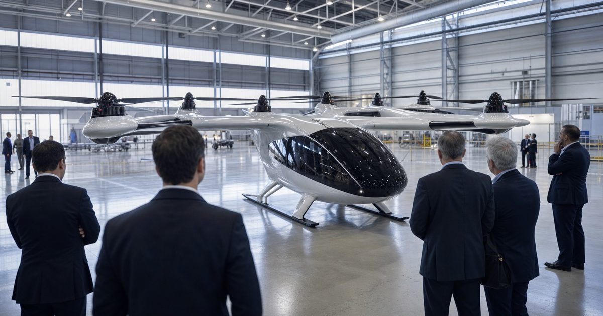 A realistic editorial news photograph inside a modern aircraft hangar, showing an unbranded electric vertical takeoff aircraft prototype under bright.