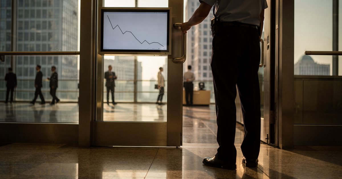 Late-afternoon light slanting across the glass lobby of a Shanghai bank tower as a security guard seen only from the waist down holds an elevator door, while.