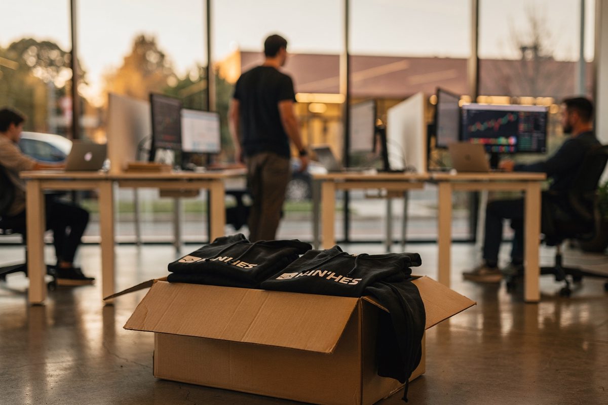 Wide shot across a glass-walled coworking floor in Palo Alto in warm late-afternoon sun, a young founder blurred in motion between standing desks, a shipping.