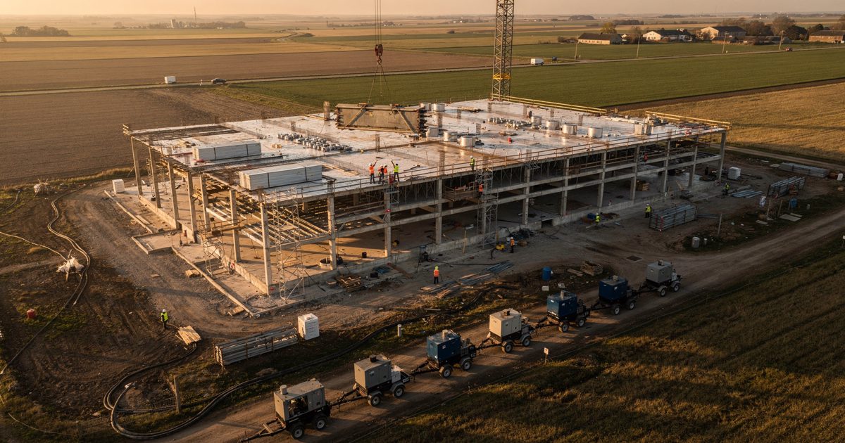High drone shot at golden hour over a half-built data center on flat farmland, workers in hard hats small on the roof deck guiding a crane load, a row of.
