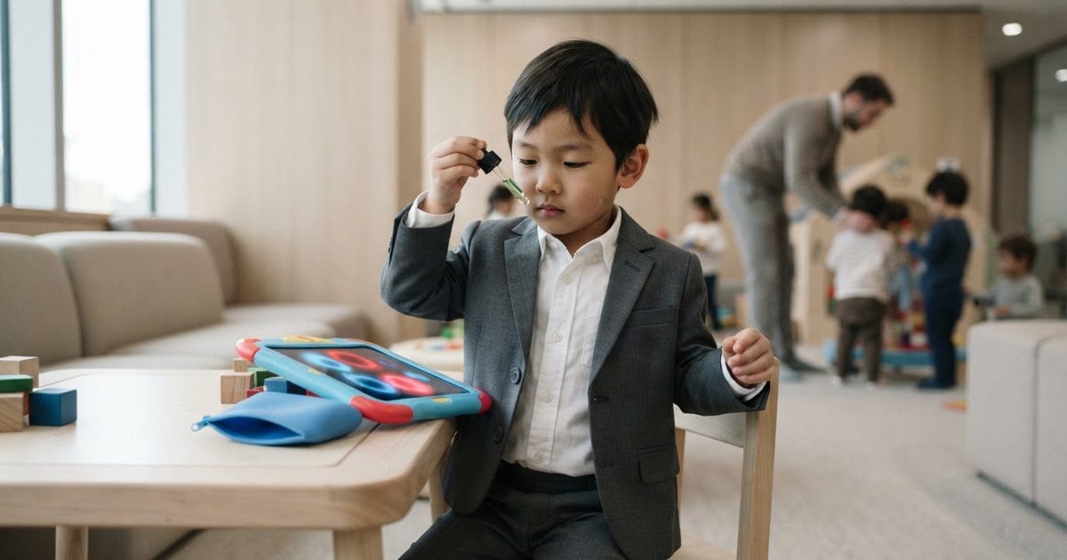 A brightly lit, minimalist corporate daycare room featuring a serious-looking small child in a tiny tailored suit, applying a dropper of green liquid to their.