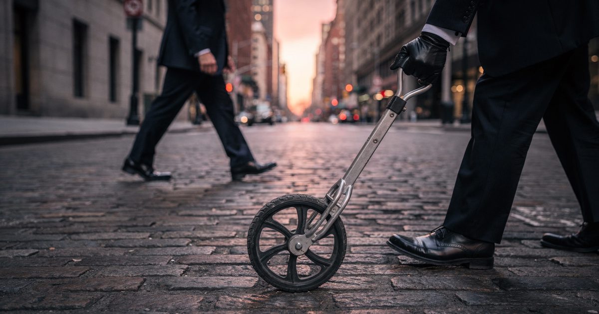 Low shot from knee height on a cobbled Lower Manhattan street at first light, pink dawn glow between the stone facades, two pairs of polished brogues stepping.
