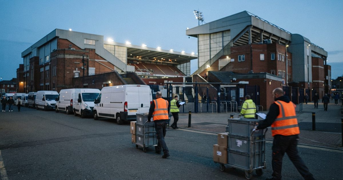 Wide dusk photograph of a large English football stadium exterior, delivery vans queued along the concourse, high-visibility workers wheeling plastic totes.
