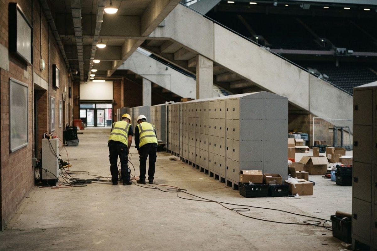 Interior photo of an empty stadium concourse being fitted with rows of metal pickup lockers, cables on the floor, two out-of-focus staff in hard hats seen from.