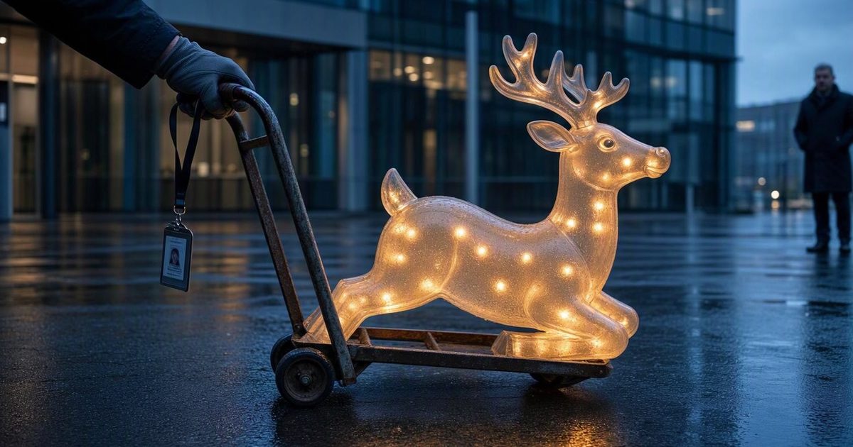 Close shot at dusk on a wet office forecourt of a gloved hand pushing a hand truck loaded with a plastic light-up lawn reindeer, its bulbs glowing warm against.