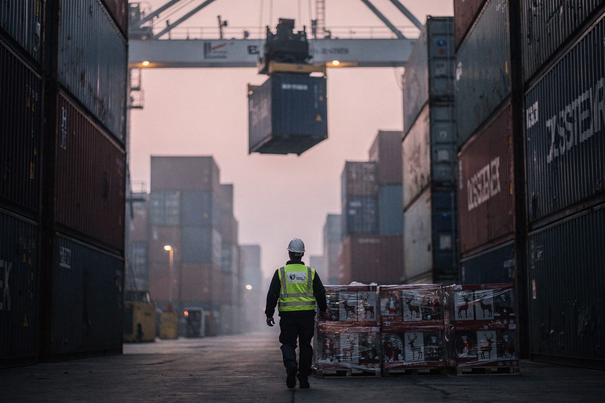 Wide shot at dawn across a container port under pink early light, a dockworker seen from far behind in a hard hat walking between towering stacks of shipping.