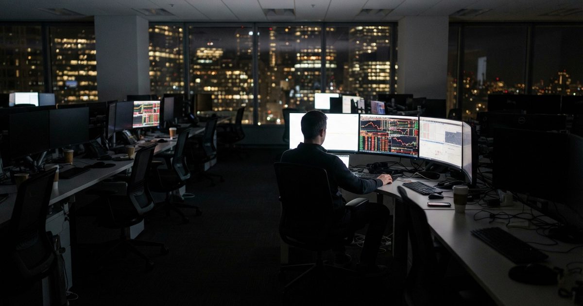 A dim, nearly empty open-plan trading floor late at night, most overhead lights off, rows of unoccupied desks with multiple monitors still glowing green and.