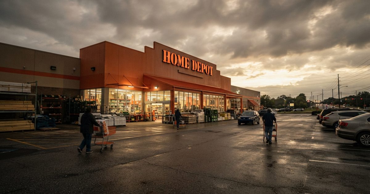 A wide news-style photograph of a Home Depot storefront at golden hour, orange facade prominent, a few shoppers with carts crossing the parking lot, overcast.
