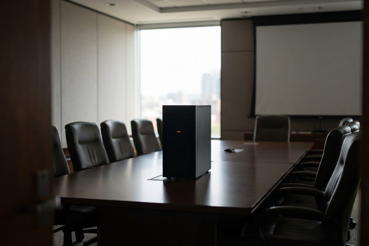 A corporate boardroom photographed from the doorway: long polished table, empty leather chairs, and a single sleek server tower with a small orange indicator.