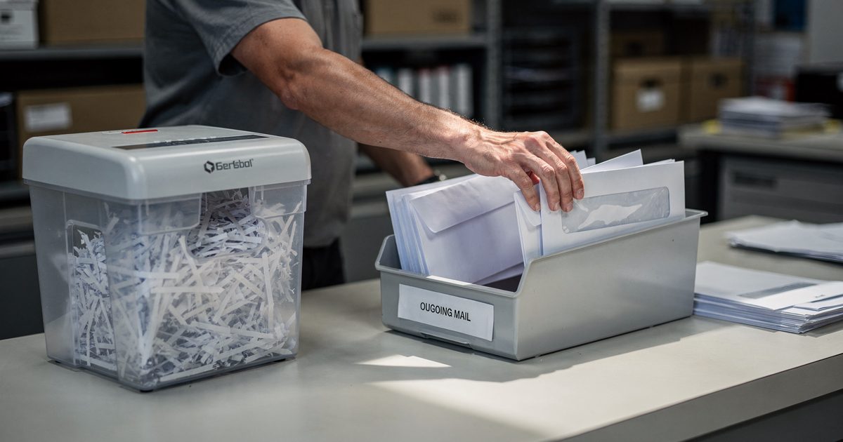 Close hard morning light on a corporate mailroom counter as a worker's hands slide two matching window envelopes into an outgoing tray beside a desktop.