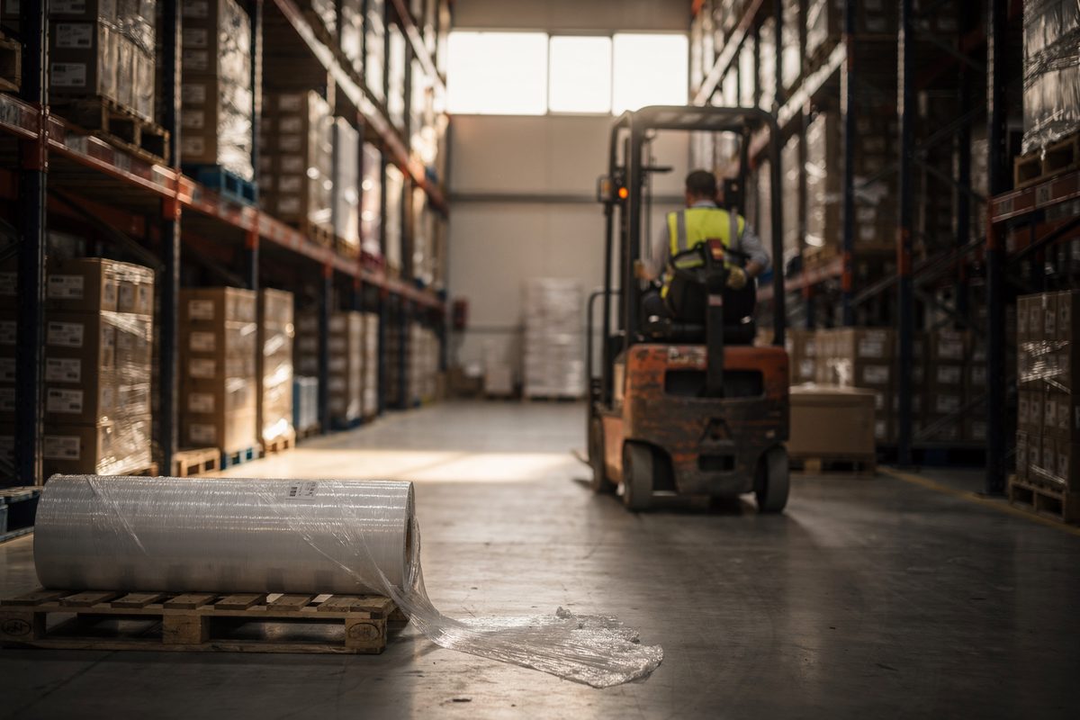 Wide late-afternoon warehouse aisle stacked with pallets of boxed wireless access points, a forklift operator cropped below the shoulders steering past a.