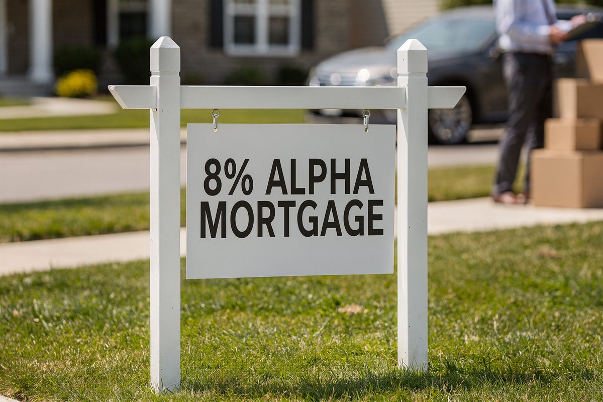 Close detail in bright noon sunlight on a manicured front lawn, a pristine white real estate yard sign reading "8% ALPHA MORTGAGE" standing sharply against the.