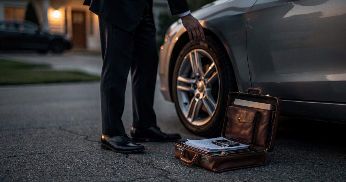 Dusk light on a suburban driveway where a figure framed from the knees down stands beside the front tire of a parked luxury sedan, a leather briefcase resting.