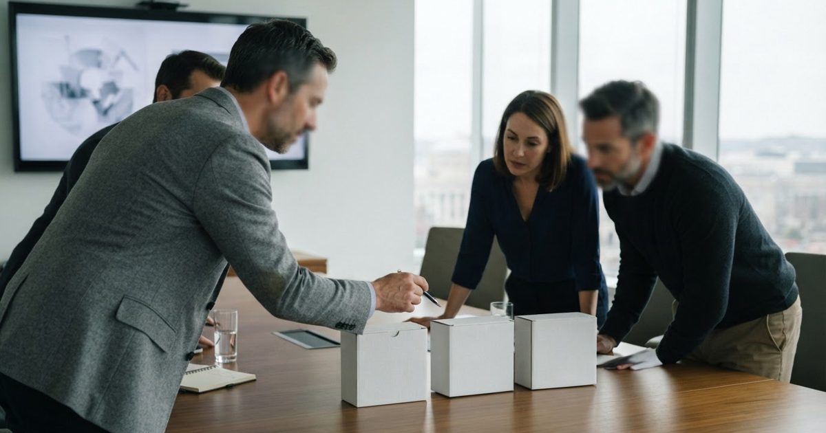 News photograph of a sleek startup conference room where anonymous executives in business-casual clothing study three plain vaccine demonstration boxes on a.